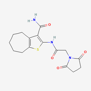molecular formula C16H19N3O4S B2533695 2-(2-(2,5-dioxopyrrolidin-1-yl)acetamido)-5,6,7,8-tetrahydro-4H-cyclohepta[b]thiophene-3-carboxamide CAS No. 477494-65-8