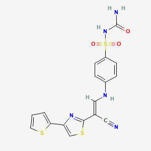 molecular formula C17H13N5O3S3 B2533705 (E)-N-carbamoyl-4-((2-cyano-2-(4-(thiophen-2-yl)thiazol-2-yl)vinyl)amino)benzenesulfonamide CAS No. 796880-82-5