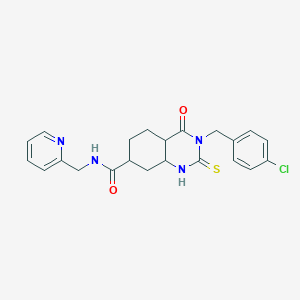 molecular formula C22H17ClN4O2S B2533733 3-[(4-chlorophenyl)methyl]-4-oxo-N-[(pyridin-2-yl)methyl]-2-sulfanylidene-1,2,3,4-tetrahydroquinazoline-7-carboxamide CAS No. 422529-38-2