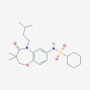 molecular formula C22H34N2O4S B2533824 N-(5-isopentyl-3,3-dimethyl-4-oxo-2,3,4,5-tetrahydrobenzo[b][1,4]oxazepin-7-yl)cyclohexanesulfonamide CAS No. 921916-72-5
