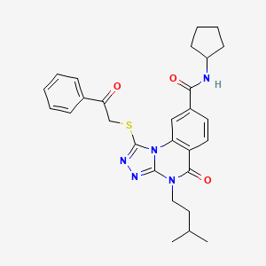 molecular formula C28H31N5O3S B2533827 N-cyclopentyl-4-isopentyl-5-oxo-1-((2-oxo-2-phenylethyl)thio)-4,5-dihydro-[1,2,4]triazolo[4,3-a]quinazoline-8-carboxamide CAS No. 1111237-63-8