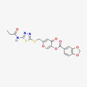molecular formula C19H15N3O7S2 B2533868 4-oxo-6-(((5-propionamido-1,3,4-thiadiazol-2-yl)thio)methyl)-4H-pyran-3-yl benzo[d][1,3]dioxole-5-carboxylate CAS No. 896018-02-3