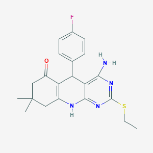 molecular formula C21H23FN4OS B2533987 4-氨基-2-(乙基硫烷基)-5-(4-氟苯基)-8,8-二甲基-5,8,9,10-四氢吡啶并[4,5-b]喹啉-6(7H)-酮 CAS No. 877818-95-6