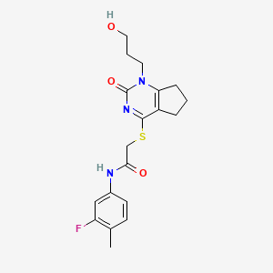 molecular formula C19H22FN3O3S B2533999 N-(3-fluoro-4-methylphenyl)-2-((1-(3-hydroxypropyl)-2-oxo-2,5,6,7-tetrahydro-1H-cyclopenta[d]pyrimidin-4-yl)thio)acetamide CAS No. 899743-24-9