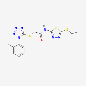 molecular formula C14H15N7OS3 B2534113 N-(5-乙基硫烷基-1,3,4-噻二唑-2-基)-2-[1-(2-甲基苯基)四唑-5-基]硫代乙酰胺 CAS No. 838894-38-5