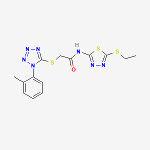 molecular formula C14H15N7OS3 B2534113 N-(5-(乙硫基)-1,3,4-噻二唑-2-基)-2-((1-(邻甲苯基)-1H-四唑-5-基)硫代)乙酰胺 CAS No. 838894-38-5