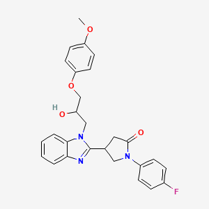 molecular formula C27H26FN3O4 B2534216 1-(4-fluorophenyl)-4-{1-[2-hydroxy-3-(4-methoxyphenoxy)propyl]-1H-benzimidazol-2-yl}pyrrolidin-2-one CAS No. 1018053-26-3
