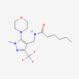 molecular formula C16H25F3N4O2 B2534230 N-{[1-methyl-5-morpholino-3-(trifluoromethyl)-1H-pyrazol-4-yl]methyl}hexanamide CAS No. 956184-34-2