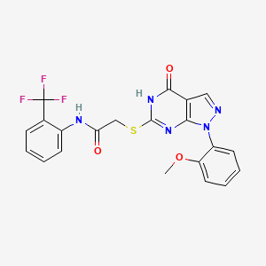 molecular formula C21H16F3N5O3S B2534273 2-((1-(2-甲氧基苯基)-4-氧代-4,5-二氢-1H-吡唑并[3,4-d]嘧啶-6-基)硫代)-N-(2-(三氟甲基)苯基)乙酰胺 CAS No. 946263-12-3