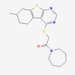molecular formula C19H25N3OS2 B2534347 1-(Azepan-1-yl)-2-[(7-methyl-5,6,7,8-tetrahydro-[1]benzothiolo[2,3-d]pyrimidin-4-yl)sulfanyl]ethanone CAS No. 552275-05-5