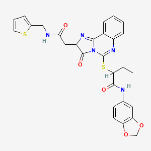 molecular formula C28H25N5O5S2 B2534349 N-(2H-1,3-benzodioxol-5-yl)-2-{[3-oxo-2-({[(thiophen-2-yl)methyl]carbamoyl}methyl)-2H,3H-imidazo[1,2-c]quinazolin-5-yl]sulfanyl}butanamide CAS No. 1022731-61-8
