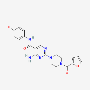 molecular formula C21H22N6O4 B2534359 4-氨基-2-[4-(2-呋喃甲酰基)哌嗪]-N~5~-(4-甲氧苯基)-5-嘧啶甲酰胺 CAS No. 1251697-00-3