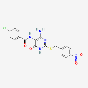 molecular formula C18H14ClN5O4S B2534402 N-(4-amino-2-((4-nitrobenzyl)thio)-6-oxo-1,6-dihydropyrimidin-5-yl)-4-chlorobenzamide CAS No. 888436-73-5