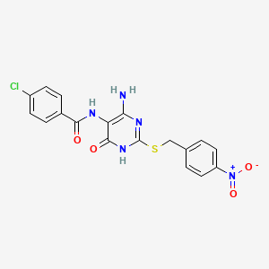 molecular formula C18H14ClN5O4S B2534402 N-(4-氨基-2-((4-硝基苄基)硫代)-6-氧代-1,6-二氢嘧啶-5-基)-4-氯苯甲酰胺 CAS No. 888436-73-5