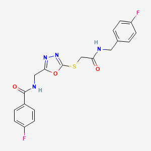 molecular formula C19H16F2N4O3S B2534572 4-氟-N-((5-((2-((4-氟苄基)氨基)-2-氧代乙基)硫代)-1,3,4-恶二唑-2-基)甲基)苯甲酰胺 CAS No. 906155-16-6