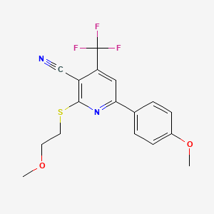 molecular formula C17H15F3N2O2S B2534589 2-((2-Methoxyethyl)thio)-6-(4-methoxyphenyl)-4-(trifluoromethyl)nicotinonitrile CAS No. 905786-98-3