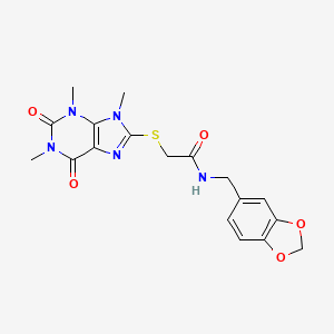 molecular formula C18H19N5O5S B2534604 N-(1,3-苯并二氧杂环-5-基甲基)-2-[(1,3,9-三甲基-2,6-二氧代-2,3,6,9-四氢-1H-嘌呤-8-基)硫代]乙酰胺 CAS No. 897453-54-2