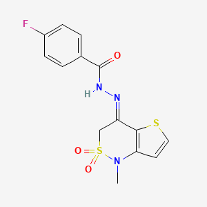 molecular formula C14H12FN3O3S2 B2534678 4-fluoro-N-[(E)-(1-methyl-2,2-dioxothieno[3,2-c]thiazin-4-ylidene)amino]benzamide CAS No. 303987-47-5