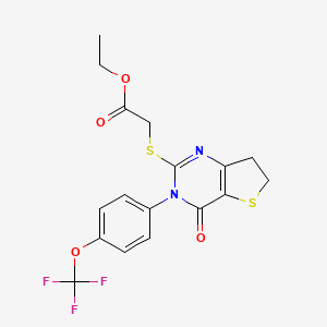 molecular formula C17H15F3N2O4S2 B2534686 Ethyl 2-((4-oxo-3-(4-(trifluoromethoxy)phenyl)-3,4,6,7-tetrahydrothieno[3,2-d]pyrimidin-2-yl)thio)acetate CAS No. 877654-71-2