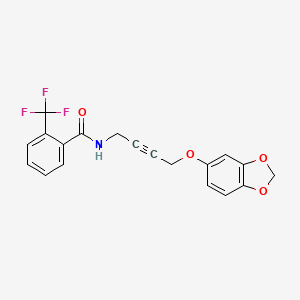 molecular formula C19H14F3NO4 B2534736 N-(4-(benzo[d][1,3]dioxol-5-yloxy)but-2-yn-1-yl)-2-(trifluoromethyl)benzamide CAS No. 1448068-84-5