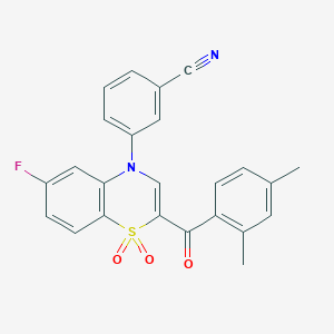 molecular formula C24H17FN2O3S B2534752 3-[2-(2,4-dimethylbenzoyl)-6-fluoro-1,1-dioxido-4H-1,4-benzothiazin-4-yl]benzonitrile CAS No. 1114657-56-5