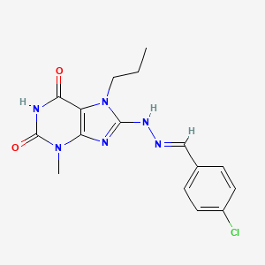 molecular formula C16H17ClN6O2 B2534764 8-[(2E)-2-(4-chlorobenzylidene)hydrazinyl]-3-methyl-7-propyl-3,7-dihydro-1H-purine-2,6-dione CAS No. 303969-64-4
