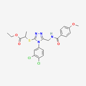 molecular formula C22H22Cl2N4O4S B2534765 Ethyl 2-[[4-(3,4-dichlorophenyl)-5-[[(4-methoxybenzoyl)amino]methyl]-1,2,4-triazol-3-yl]sulfanyl]propanoate CAS No. 476433-69-9