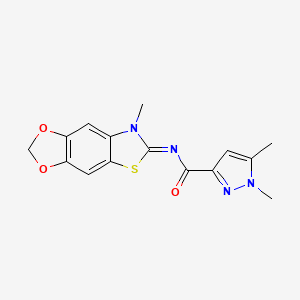 molecular formula C15H14N4O3S B2534836 1,5-dimethyl-N-(7-methyl-[1,3]dioxolo[4',5':4,5]benzo[1,2-d]thiazol-6(7H)-ylidene)-1H-pyrazole-3-carboxamide CAS No. 1020053-23-9