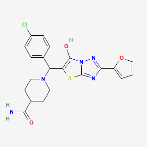 molecular formula C21H20ClN5O3S B2534907 1-((4-氯苯基)(2-(呋喃-2-基)-6-羟基噻唑并[3,2-b][1,2,4]三唑-5-基)甲基)哌啶-4-甲酰胺 CAS No. 887220-57-7