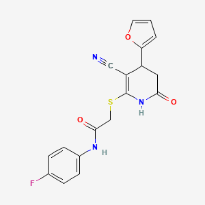 molecular formula C18H14FN3O3S B2534922 2-((3-cyano-4-(furan-2-yl)-6-oxo-1,4,5,6-tetrahydropyridin-2-yl)thio)-N-(4-fluorophenyl)acetamide CAS No. 684237-83-0