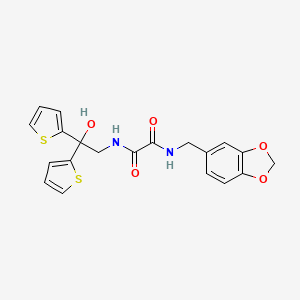 molecular formula C20H18N2O5S2 B2534964 N1-(benzo[d][1,3]dioxol-5-ylmethyl)-N2-(2-hydroxy-2,2-di(thiophen-2-yl)ethyl)oxalamide CAS No. 2034585-40-3