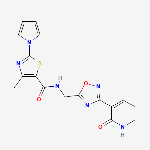molecular formula C17H14N6O3S B2534994 4-methyl-N-((3-(2-oxo-1,2-dihydropyridin-3-yl)-1,2,4-oxadiazol-5-yl)methyl)-2-(1H-pyrrol-1-yl)thiazole-5-carboxamide CAS No. 2034457-80-0