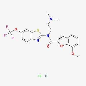 molecular formula C22H21ClF3N3O4S B2535046 盐酸N-(2-(二甲氨基)乙基)-7-甲氧基-N-(6-(三氟甲氧基)苯并[d]噻唑-2-基)苯并呋喃-2-甲酰胺 CAS No. 1351641-88-7