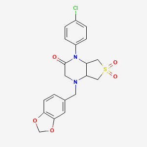 molecular formula C20H19ClN2O5S B2535048 4-(苯并[d][1,3]二氧杂环-5-基甲基)-1-(4-氯苯基)六氢噻吩并[3,4-b]吡嗪-2(1H)-酮 6,6-二氧化物 CAS No. 1049558-29-3