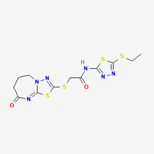 molecular formula C12H14N6O2S4 B2535088 N-(5-(ethylthio)-1,3,4-thiadiazol-2-yl)-2-((8-oxo-5,6,7,8-tetrahydro-[1,3,4]thiadiazolo[3,2-a][1,3]diazepin-2-yl)thio)acetamide CAS No. 497063-77-1