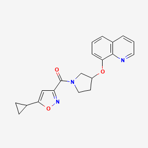 molecular formula C20H19N3O3 B2535131 (5-Cyclopropylisoxazol-3-yl)(3-(quinolin-8-yloxy)pyrrolidin-1-yl)methanone CAS No. 2034276-89-4