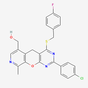 molecular formula C25H19ClFN3O2S B2535160 [5-(4-Chlorophenyl)-7-{[(4-fluorophenyl)methyl]sulfanyl}-14-methyl-2-oxa-4,6,13-triazatricyclo[8.4.0.0^{3,8}]tetradeca-1(10),3(8),4,6,11,13-hexaen-11-yl]methanol CAS No. 892414-92-5