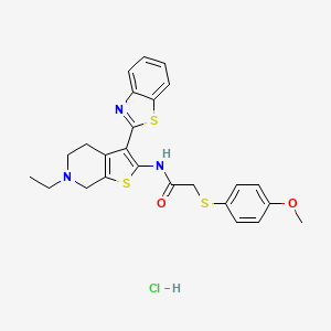 molecular formula C25H26ClN3O2S3 B2535166 N-(3-(苯并[d]噻唑-2-基)-6-乙基-4,5,6,7-四氢噻吩并[2,3-c]吡啶-2-基)-2-((4-甲氧基苯基)硫代)乙酰胺盐酸盐 CAS No. 1330283-60-7