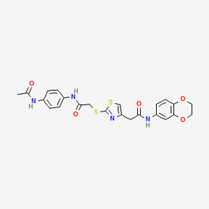 molecular formula C23H22N4O5S2 B2535181 N-(4-acetamidophenyl)-2-((4-(2-((2,3-dihydrobenzo[b][1,4]dioxin-6-yl)amino)-2-oxoethyl)thiazol-2-yl)thio)acetamide CAS No. 941961-21-3