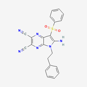 molecular formula C22H16N6O2S B2535232 6-amino-5-phenethyl-7-phenylsulfonyl-5H-pyrrolo[2,3-dicarbonitrile CAS No. 691396-48-2