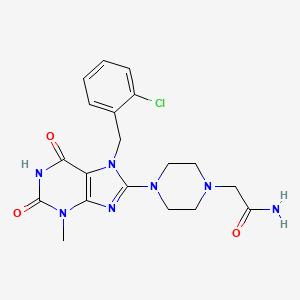 molecular formula C19H22ClN7O3 B2535264 2-(4-(7-(2-chlorobenzyl)-3-methyl-2,6-dioxo-2,3,6,7-tetrahydro-1H-purin-8-yl)piperazin-1-yl)acetamide CAS No. 895844-54-9