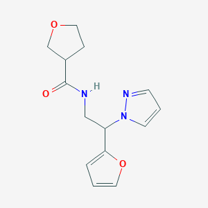 molecular formula C14H17N3O3 B2535301 N-(2-(furan-2-yl)-2-(1H-pyrazol-1-yl)ethyl)tetrahydrofuran-3-carboxamide CAS No. 2034567-14-9