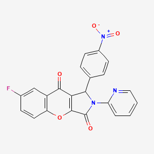 molecular formula C22H12FN3O5 B2535333 7-Fluoro-1-(4-nitrophenyl)-2-(pyridin-2-yl)-1,2-dihydrochromeno[2,3-c]pyrrole-3,9-dione CAS No. 634569-36-1