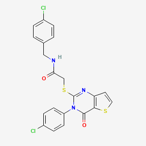 molecular formula C21H15Cl2N3O2S2 B2535334 N-(4-氯苄基)-2-{[3-(4-氯苯基)-4-氧代-3,4-二氢噻吩并[3,2-d]嘧啶-2-基]硫代}乙酰胺 CAS No. 894242-60-5