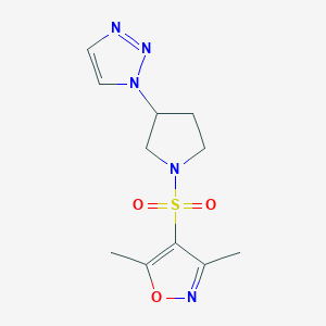 molecular formula C11H15N5O3S B2535335 4-((3-(1H-1,2,3-triazol-1-yl)pyrrolidin-1-yl)sulfonyl)-3,5-dimethylisoxazole CAS No. 1798519-03-5