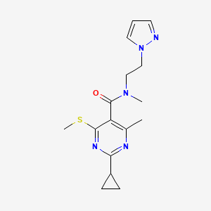molecular formula C16H21N5OS B2535399 2-Cyclopropyl-N,4-dimethyl-6-methylsulfanyl-N-(2-pyrazol-1-ylethyl)pyrimidine-5-carboxamide CAS No. 1436043-97-8