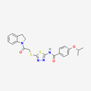 molecular formula C22H22N4O3S2 B2535453 N-(5-((2-(indolin-1-yl)-2-oxoethyl)thio)-1,3,4-thiadiazol-2-yl)-4-isopropoxybenzamide CAS No. 477211-81-7
