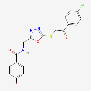 molecular formula C18H13ClFN3O3S B2535460 N-[[5-[2-(4-chlorophenyl)-2-oxoethyl]sulfanyl-1,3,4-oxadiazol-2-yl]methyl]-4-fluorobenzamide CAS No. 872620-41-2
