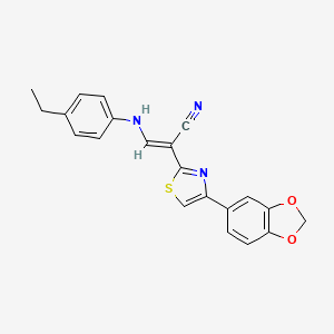 molecular formula C21H17N3O2S B2535473 (E)-2-(4-(苯并[d][1,3]二氧杂环-5-基)噻唑-2-基)-3-((4-乙基苯基)氨基)丙烯腈 CAS No. 476676-99-0
