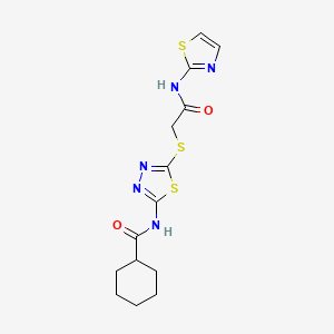 molecular formula C14H17N5O2S3 B2535498 N-(5-((2-oxo-2-(thiazol-2-ylamino)ethyl)thio)-1,3,4-thiadiazol-2-yl)cyclohexanecarboxamide CAS No. 392299-57-9